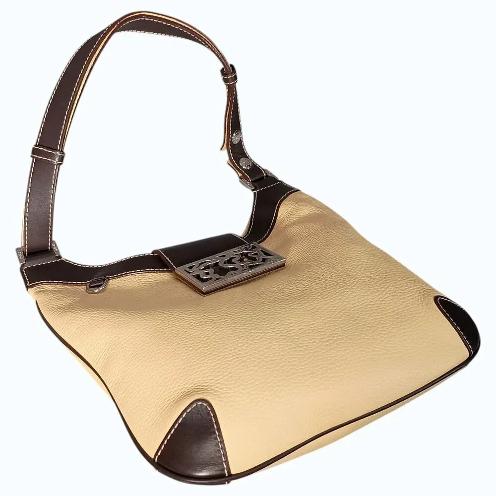 Tous Hobo Shoulder Bag Brown Yellow Leather Silver Logo